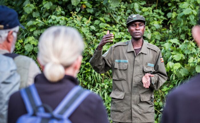 A wildlife ranger briefs tourists before the gorilla trekking excursion in Bwindi Impenetrable National Park, Uganda - Nandi Adventures