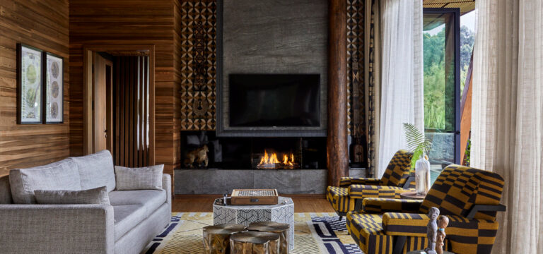 The Silverback Suite Lounge at the One & Only Gorillas Nest ultra luxury in Rwanda. Great place to stay for your gorilla trekking safari in Rwanda. Photo by One&Only