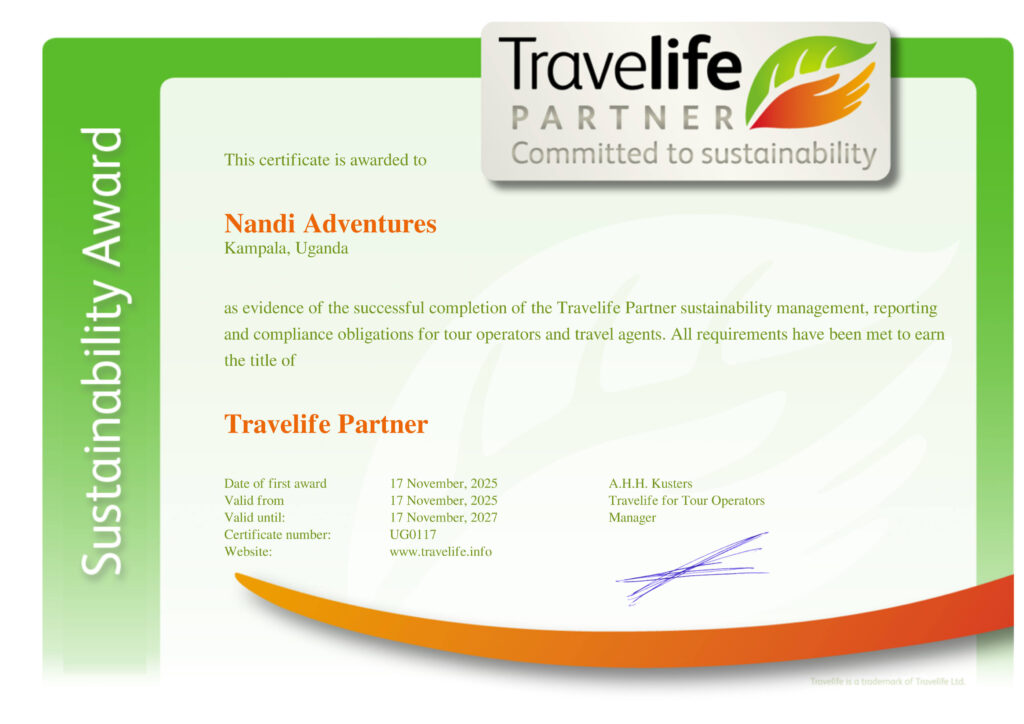 November 17th, 2025 – Kampala, Uganda

We are proud — and deeply humbled — to announce that Nandi Adventures has officially been awarded Travelife Partner status, a respected international recognition for sustainability and corporate social responsibility in the global travel industry.
